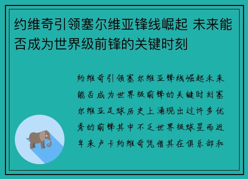 约维奇引领塞尔维亚锋线崛起 未来能否成为世界级前锋的关键时刻